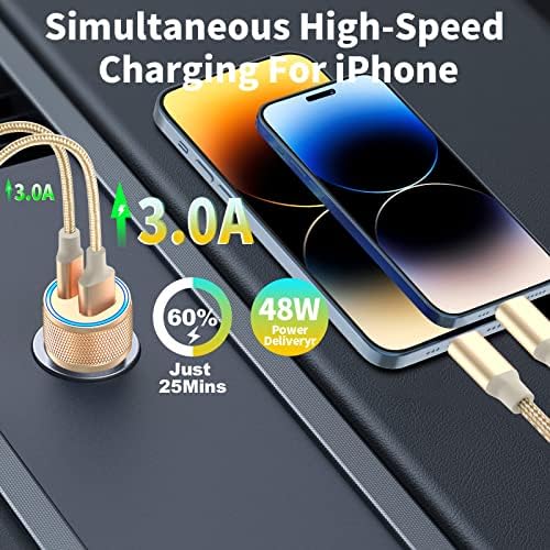 [Apple MFi Certified] iPhone Fast Car Charger, Veetone 48W Dual USB-C Power PD/QC3.0 Rapid car charger Adapter + 2 paket pleteni munjeviti kabl brzo punjenje automobila za iPhone 14/13/12/11 / XS / XR / X / 8 / iPad