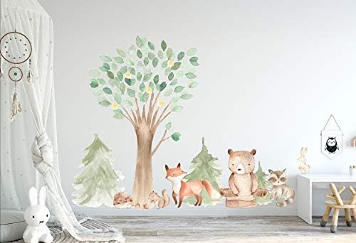 Woodland akvarel zidni zidni hrastov borov borovi životinjska stvorenja - medvjed, lisica, rakun,
