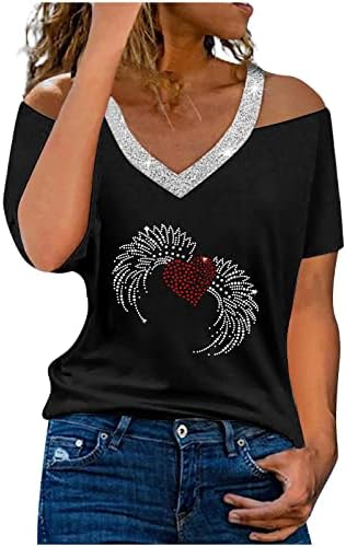 Žene V izrez majica s kratkim rukavima hladna ramena pamučna grafička muzika print rhinestone feather
