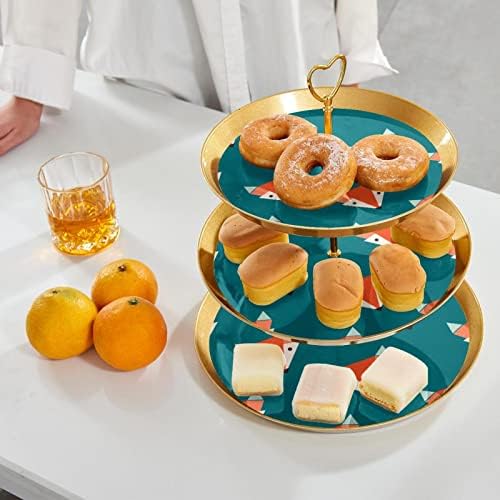 ZmajBTU 3-tier Cupcake postolje sa zlatnim štapom Plastična desertna kula za tornjeve narančaste lisice Glave uzorak tirkizno voćni bombonski displej za rođendan božićne čajne zabave