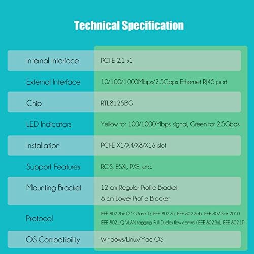Glotrends 2.5Gbps PCI-E Nic Ethernet mrežna kartica za PC, RTL8125BG CHIP, PCI-Express 2.0 X1, RJ45 LAN priključak, kompatibilan sa Windows serverom / Linuxom / VMware