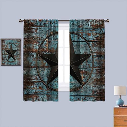 Zapadni Teksas Star prozor Blackout zavjese za dječake djevojčice Tinejdžeri, Vintage smeđe plava Shabby Wood Rustikalna prozorska zavjesa, termo izolovane džepne zavjese za spavaće sobe za dnevni boravak, 42x63 inča