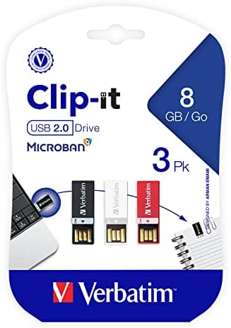 Verbatim 8GB Clip-IT USB 2.0 Flash pogon pogon palca sa mikrobanskom antimikrobnom zaštitom proizvoda otporan na vodu, prašinu i statičko pražnjenje 3 pakovanja - crno, bijelo, crveno 98674