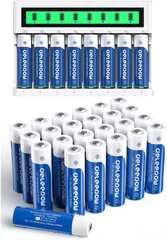 Deleepow punjive AA baterije 3300mAh Ni-MH punjive dvostruke a baterije 1200 ciklusa 1.2 V 32-pakovanje sa LCD C Portom i Micro USB punjačem za punjenje 2