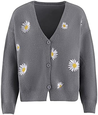 Ženska tratinčica cvjetni ispis džemper s dugim rukavima V rector gumb dolje kardigan otvoreni
