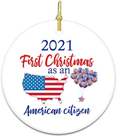 2021 prvi Božić kao američki državljanin ukrasi za uspomenu krug Porculanski keramički Ornament Vesela božićna jelka ukrasi Holiday Flat dekoracije Memory Year pokloni za domaćinstvo kabina