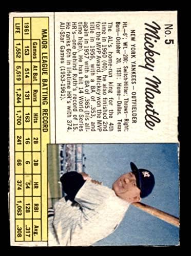 1962 Jello # 5 Mickey Mantle New York Yankees VG Yankees