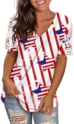 Patriotske majice za žene Američka zastava Ljeto kratki rukav V izrez T majica Stripes Stars Loose Fit Casual Party Tees Vrhovi