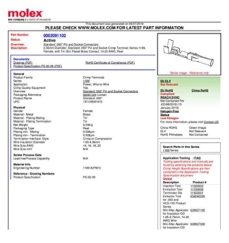 Molex PIN, muški i ženski .093 14-20 AWG, serija 1189 mesinganog kontakta