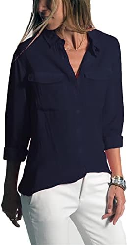 Andongnywell ženska Casual rever Shirt V izrez Dugi rukav labavi Casual sa džepovima prednja bluza