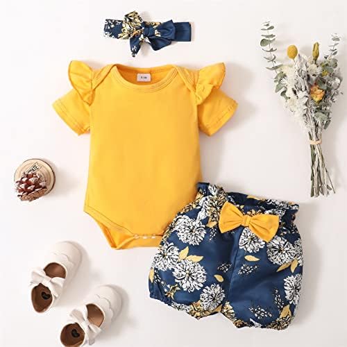 Novorođena dječja djevojačka odjeća Soild Romper Cvjetni kratke hlače za glavu 3pcs Outfits set lažna beba blizu