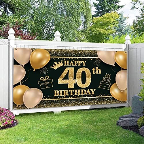 40. rođendan dekoracije za žene muškarci, crno zlato Hretan Rođendan Banner trijem znakovi veliki pozadine