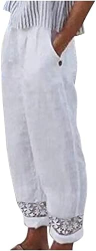 Tunuskat Bijeli kapris za žene pamučne posteljine visoke strukske struk široke noge Capri hlače sa džepovima Ispiši casual gaćice