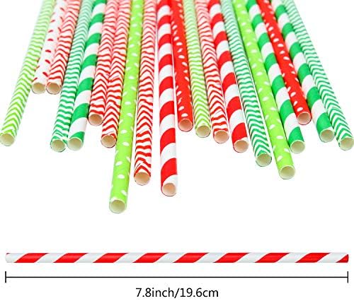 Cooraby 200 komada Božićne papirne slamke biorazgradive traka za piće Bicolor Stripe Dot Chevron slamka