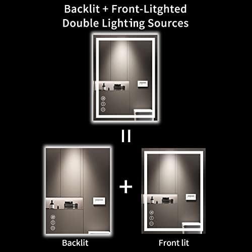 LOAAO 24X32 LED ogledalo za kupatilo sa svetlima, protiv magle, zatamnjenje, pozadinsko osvetljenje + prednje osvetljenje, osvetljeno toaletno ogledalo za kupatilo za zid, funkcija memorije, kaljeno staklo, otporno na razbijanje, ETL