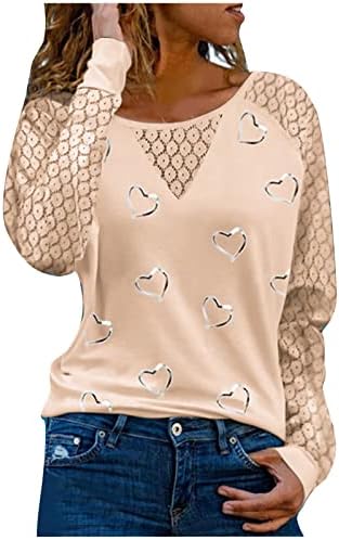 Slatka majica za srce čipke čipke dugih rukava za Valentinovo za patchwork Crewneck Thirt casual