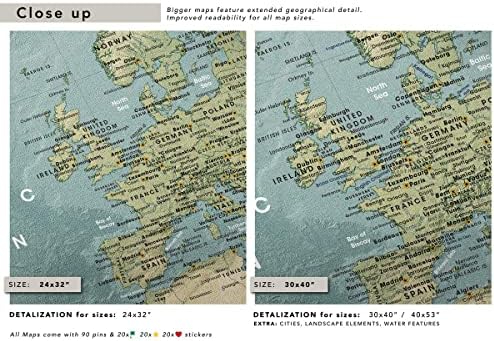 Svjetska karta za putovanja Penboard na platnu | Mapa svijeta Zidna umjetnost | Platno PIN karta za označavanje