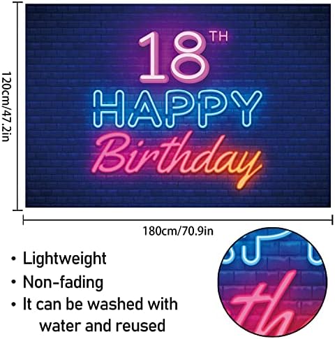 5665 Glow Neon Happy 18th Birthday Backdrop Banner Decor Black, Colorful Glowing 18 Years old Birthday Party theme Decorations Supplies