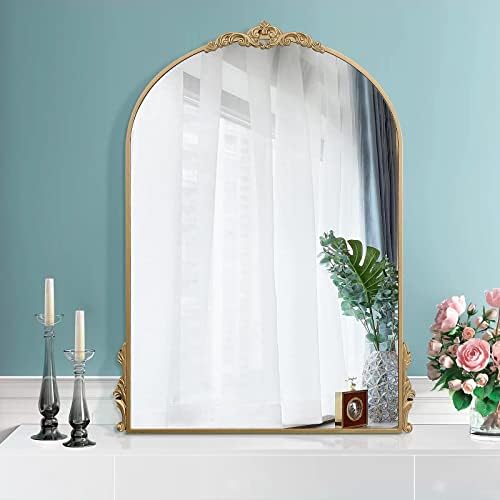 Ga Home rezbareno lučno ogledalo 32 x 24, zlatno toaletno ogledalo za kupatilo sa drvenim okvirom, elegantna zidna ogledala dekorativna za ulaz u dnevnu sobu u spavaćoj sobi