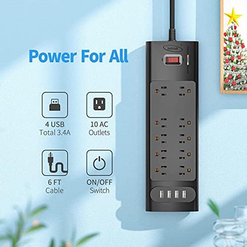 Power Strip zaštita od prenapona sa 10 AC utičnica & amp; 4 USB porta & zamjena produžnog kabla muški