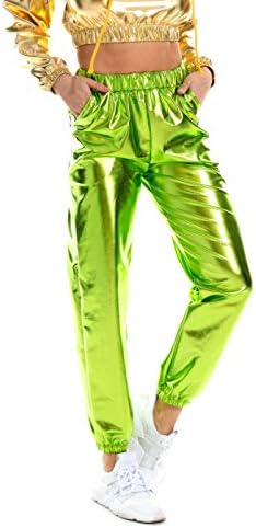SIAEMRG ženski sjajni metalni visoki struk rastezljivi jogger hlače, mokri pogled Hip hop klub nosi holografske pantalone
