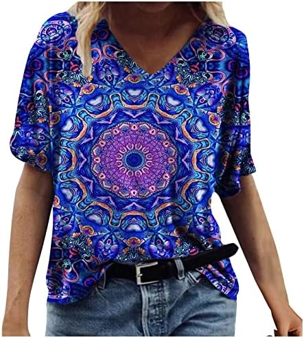 Ženski vrhovi Casual Boho cvjetni Print Tees Shirts V izrez kratke rukave bluze opušteno Fit