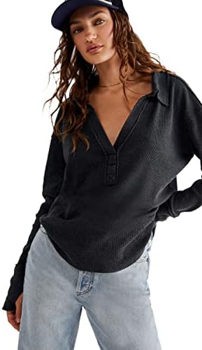 Besplatni ljudi Anakin Termalni top za žene - Slouchy Fit, zakrivljeni rub, pulover stil, opušteno i udoban džemper