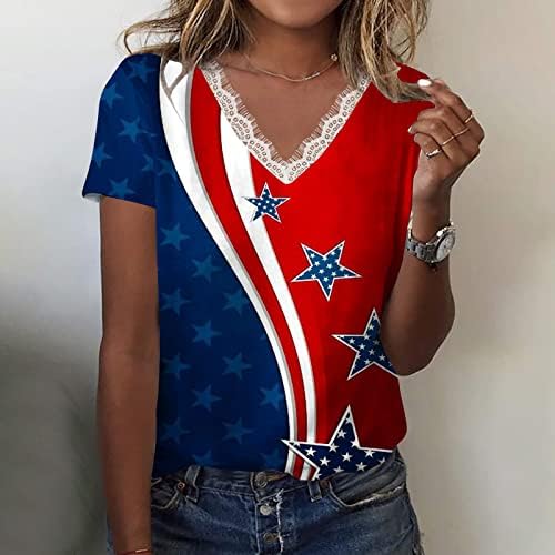 4. jula vrhovi za žene čipke V rect majice Ljetna nezavisnost DAN kratkih rukava majica Ležerne Američke zastava