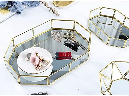 HOMSSIM Octagon Vintage Zlatno ogledalo Stakla Vanity ladica za ispraznost, Ornatni geometrijski i mesingani