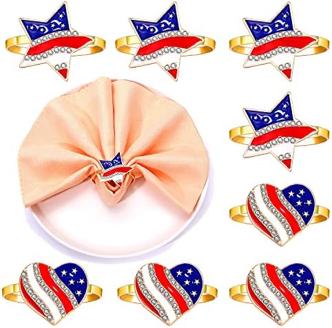 6pcs 4. srpnja Američka zastava prstena za salvete Rhinestone Patriotsko srce Star salvetir prstens