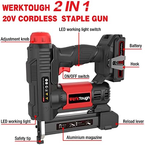 Werktough 20v Akumulatorski Pištolj za spajanje Brad Nailer 2 u 1 1 sat brzi punjač 2000mA litijumska baterija 2000kom besplatne spajalice u kutiji za alat