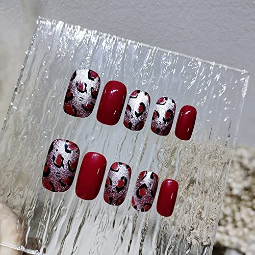 Yepdear Press na noktima manikir srednjih noktiju, 24kom komplet lažnih noktiju uključuje Prep jastučić, Mini turpiju, štap za zanoktice, sjajni crveni Leopard Print