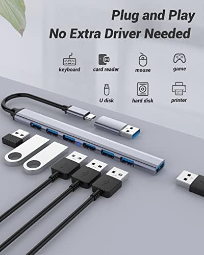 USB C Hub 3.0 Adapter 7 Port, Ultra Thin Mini USB Splitter USB prijenosni aluminijumski USB Data