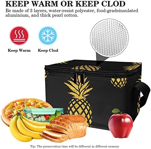 GUEROTKR torba za ručak za muškarce, izolovana kutija za ručak, kutija za ručak za odrasle,apstraktni zlatni ananas voće crni uzorak