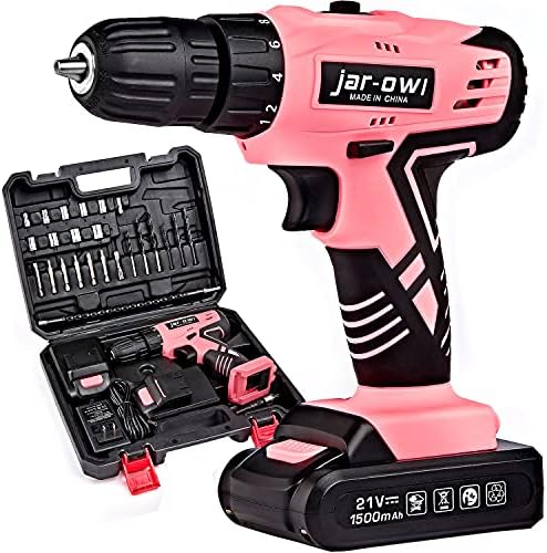 Jar-owl 21V Pink Set alata sa bušilicom, Power Cordless Dril Driver Home Set alata sa steznom glavom bez ključa od 3/8 inča,1.5 AH 2kom baterije i punjača za ženski Komplet alata za popravku Doma