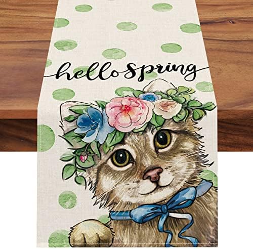 Seliem Hello Spring Cat Kitty trkač stola, slatka mačića životinja zelene polka tačke dekor kuhinjskog trpezarijskog stola, cvijeće sezonska Burlap dekoracija Doma unutrašnja Vanjska zabava 13 x 72 inča