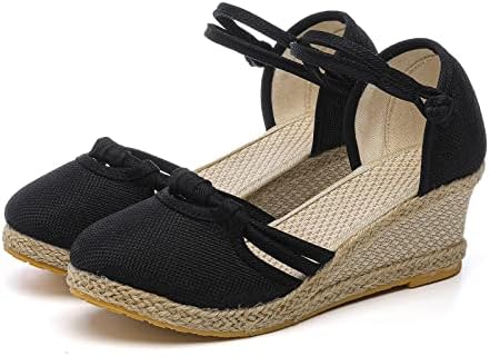 Vickyleb ženske kopče lanene sandale na platformi klinaste sandale Moda svestrane pletene kopče ravne sandale