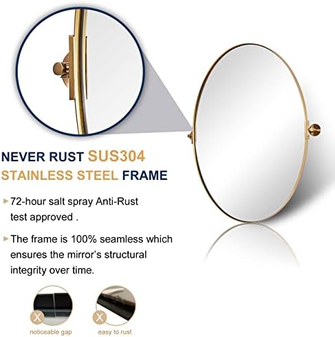 ANDY STAR Gold ovalno ogledalo, ovalno Pivot ogledalo za kupatilo, brušeno zlato ovalno Pivot ogledalo kupatilo od nerđajućeg čelika metalni okvir naginjanje toaletnog ogledala visi vertikalno