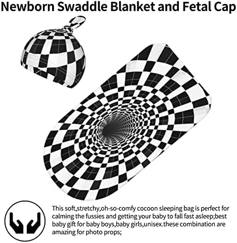 Pekivide Nowborn Torba sa Beanie Set Spiral Checker crna bijela kockena za bebe koja prima pokrivač s prekrivačem