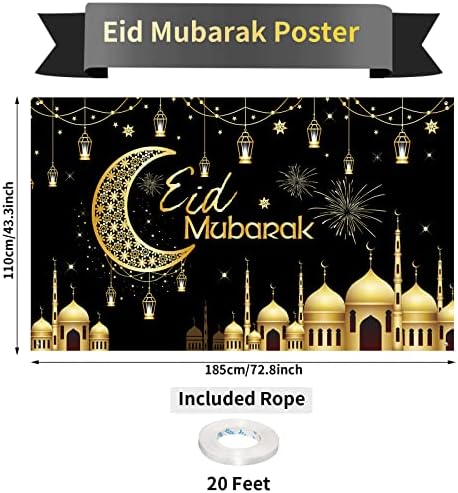 Eid Mubarak Backdrop Banner, Ramadan Banner dekoracije veliki crno zlato Ramazan Mubarak viseći
