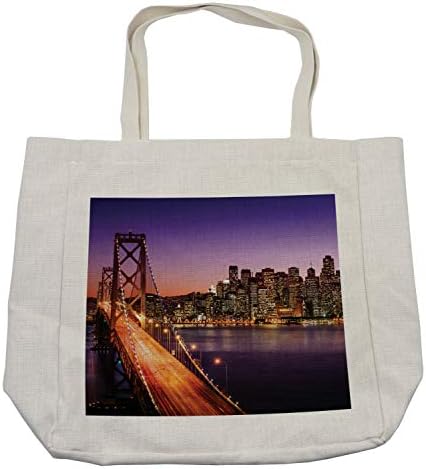 Ambesonne Cityscape torba za kupovinu, Gradski noćni Most na riječnim neboderima gradovi SAD tematski