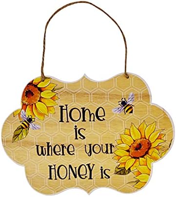 Assles Drvena umjetnost Bumble Bee Sunflower znakova ukras za vrata Sretan pčelinji dan Went-Well Welling Privjesak Slatko slatko dobrodošli kućni ukrasi za obrt Pastoralnog dekora plaketa, 8,6 x 6,3 inča - b