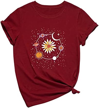 Žene ljetne majice slatki kratki rukav na vrhu kratkih rukava majica za okrugle vrat dame cvjetni mjesec ispis