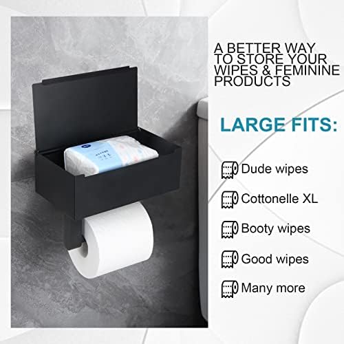 Držač toaletnog papira sa policama, zidnim nosačem Dispenzer & Skladište za kupaonicu, držite vlažne maramice skrivene, nehrđajućeg čelika Organizator kupaonice Crno ažuriranje veće