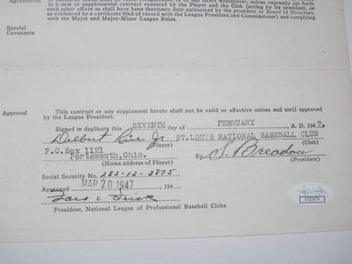 Ford Frick Del Rice Cardinals potpisali 1947 Nacionalne lige igrači ugovor JSA-MLB rez potpisa