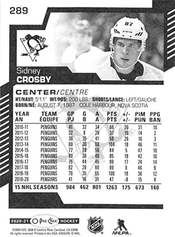 2020-21 o-pee-chee # 289 Sidney Crosby Pittsburgh Penguins NHL hokejaška trgovačka kartica