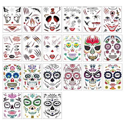 Halloween Face Tattoo Privremene tetovaže naljepnice 21 listovi Noć vještica Dan dekoracija za zabavu u mrtvoj maska
