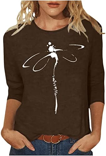 Ležerne bluze za dame 3/4 rukav Crewneck Spandex Dragonfly Grafički opušteni fit vrhovi košulje tinejdžerske