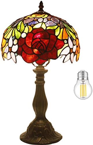 Werfactory Tiffany stona lampa vitraž noćna lampa Crvena ruža sto za čitanje svjetlo 10x10x18 inča dekor spavaća soba dnevna soba Kućni ured S001 serija