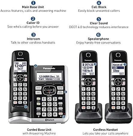 Panasonic Link2Cell Bluetooth bežični telefonski sistem sa glasovnim asistentom, blokom poziva i telefonskom sekretaricom, proširivi kućni telefon sa 5 telefona â € KX - TGF575S